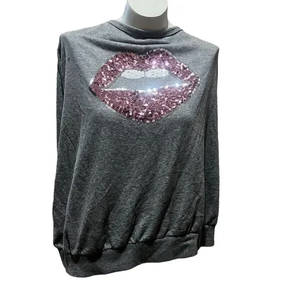 Torrid Women's Plus Size 3 Gray Off Shoulder Sweatshirt Pink Sequin Lips Casual - Picture 2 of 9